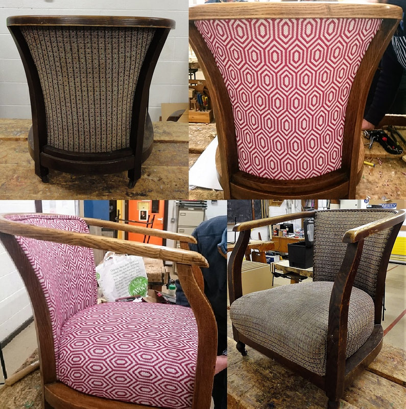 Before and after shots of upholstery and furniture restoration project.